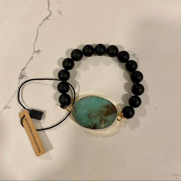 NWT ELISE M STRETCH OCEAN JASPER  W ONYX BEADS BRACELET - Picture 2 of 6